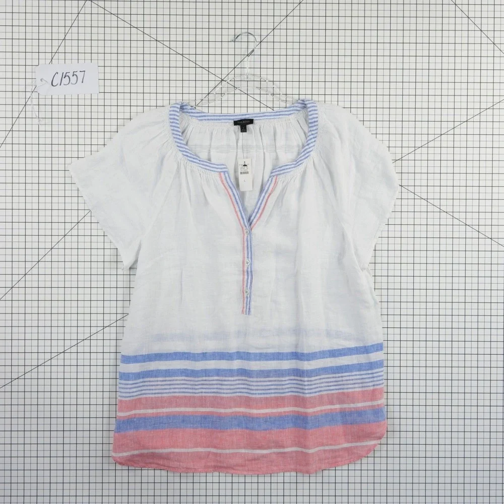 NWT Talbots 100% Linen Blouse Women's Size Large White Blue Coral Striped Henley